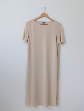 COS Midi Short Sleeve Dress with Sheer Overlay and Side Slit in Sand Size XS